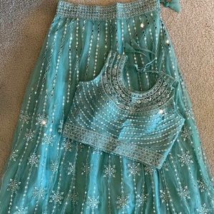 Aqua Net Lehenga Set with Mirror Work